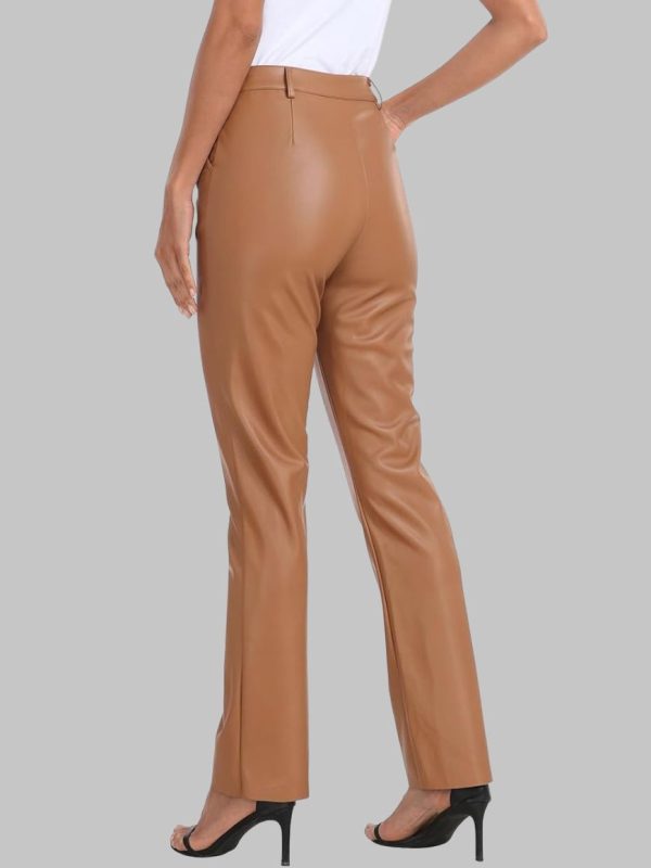Camel Brown Straight Leg Leather Pants
