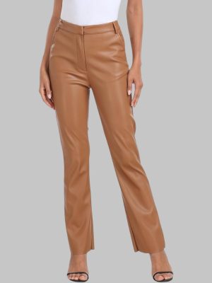 Camel Brown Straight Leg Leather Pants