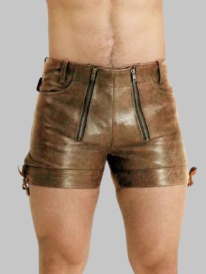 Double Zip Brown leather Shorts For Men
